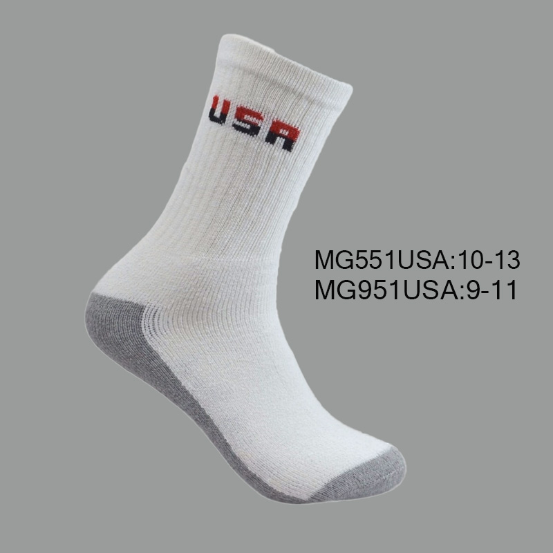 MG551-10. 951-9 Men’s Cotton Crew Sports Socks, White with Grey Bottom, USA Pattern, (1 Dozen, 12 Pairs) - Image 1