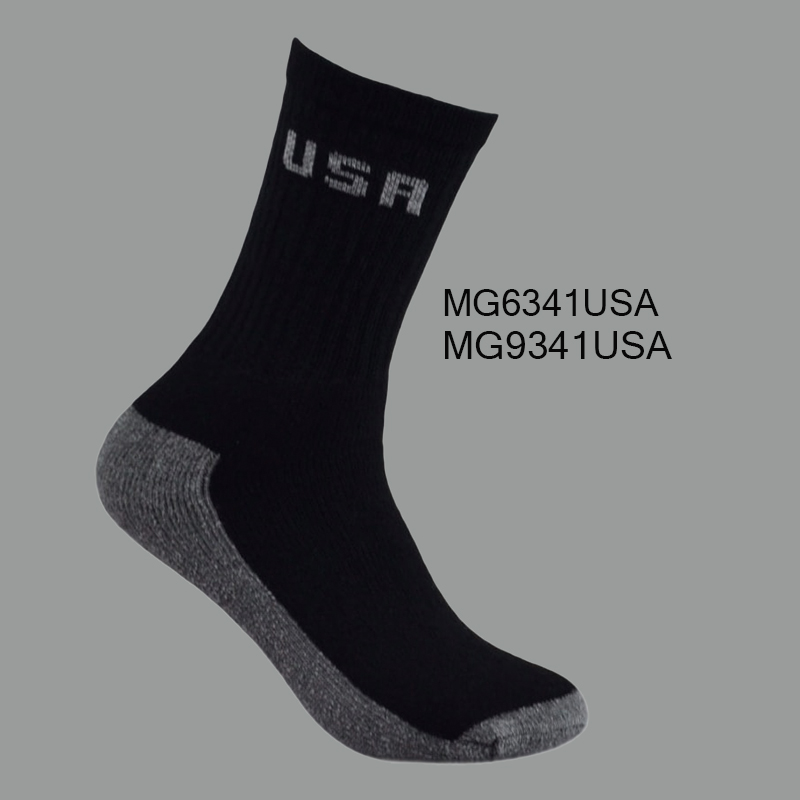 MG6341-10. 9341-9 Men’s Cotton Crew Sports Socks, Black with Grey Bottom, Grey USA Pattern, (1 Dozen, 12 Pairs) - Image 1