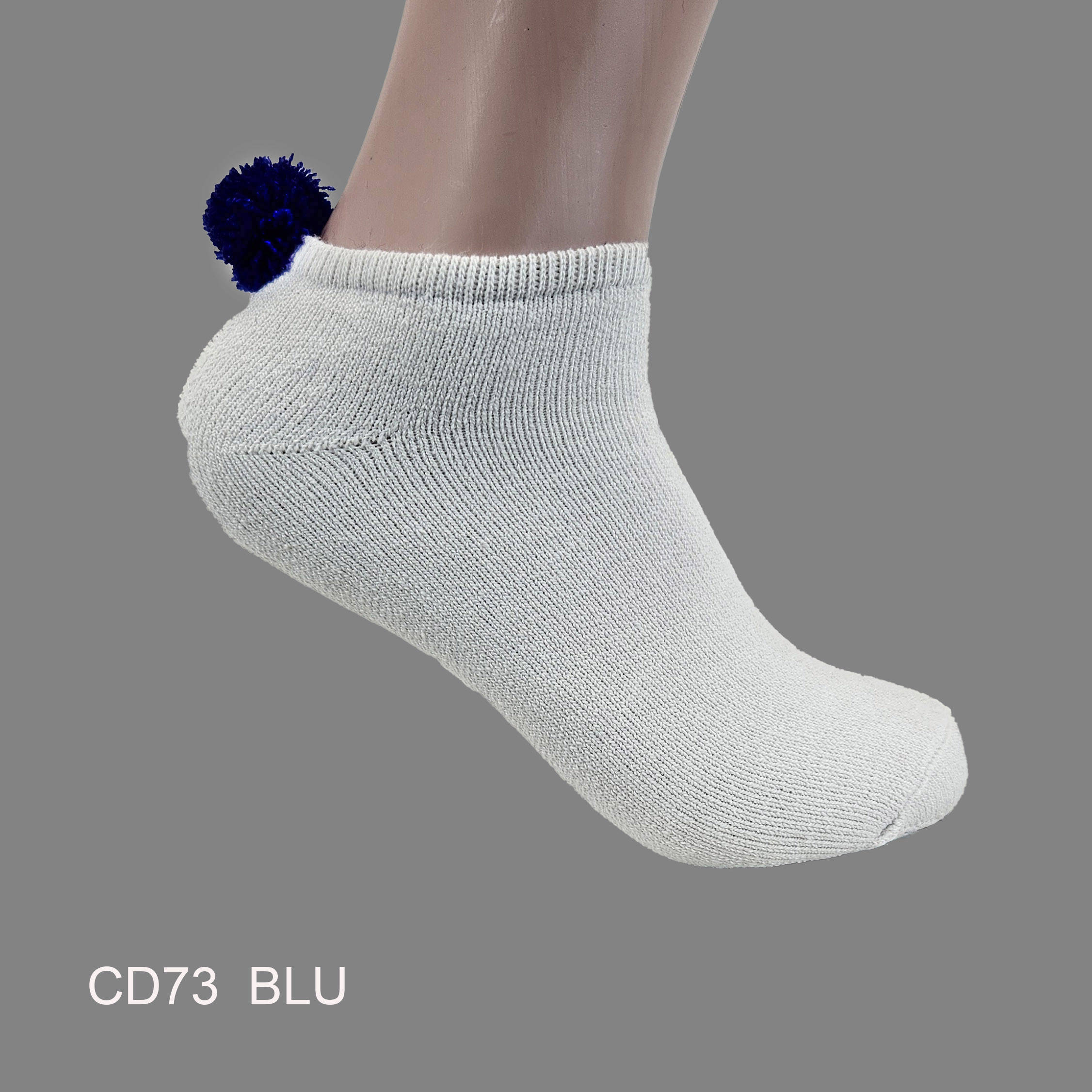 CD73BL-- Pom-Pom Low Cut Socks for Woman, Cotton, White Solid Color , Blue Pom-Pom , (1 Dozen, 12 pieces) - Image 1
