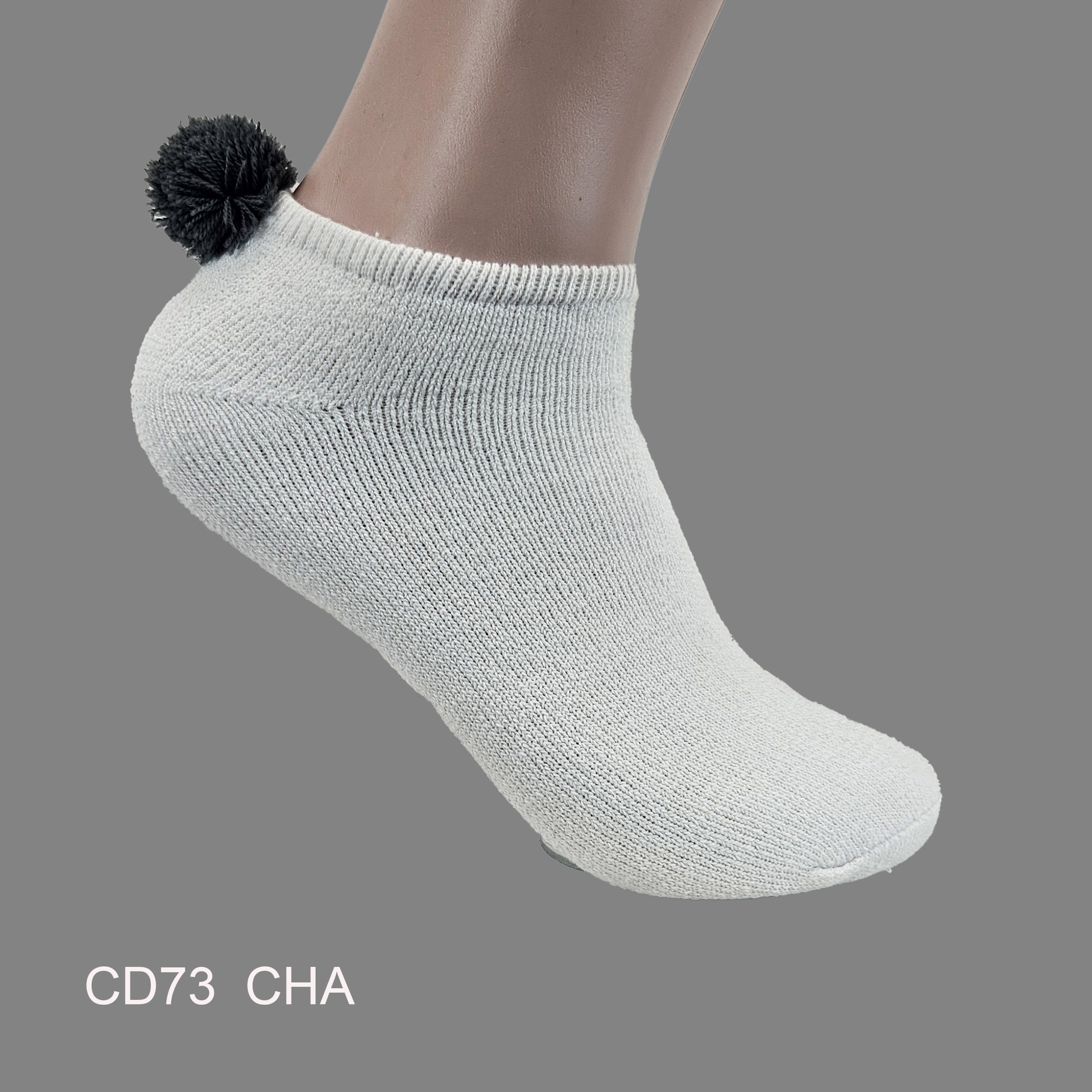 CD73CHA Pom-Pom Low Cut Socks for Woman, Cotton, White Solid Color , Charcoal Pom-Pom , (1 Dozen, 12 pieces) - Image 1