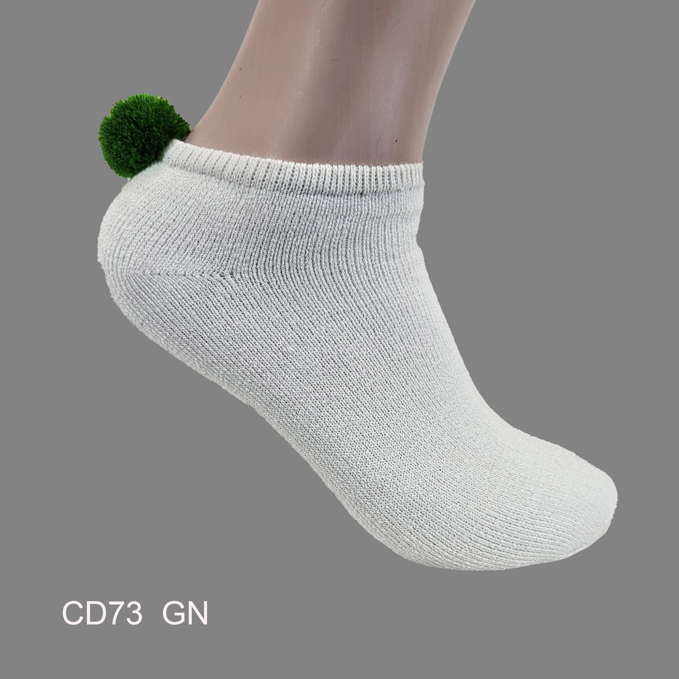 CD73GN Pom-Pom Low Cut Socks for Woman, Cotton, White Solid Color , Green Pom-Pom , (1 Dozen, 12 pieces) - Image 1