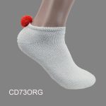 Pom-Pom Low Cut Socks for Woman, Cotton, White Solid Color , ORANGE Pom-Pom , (1 Dozen, 12 pieces)