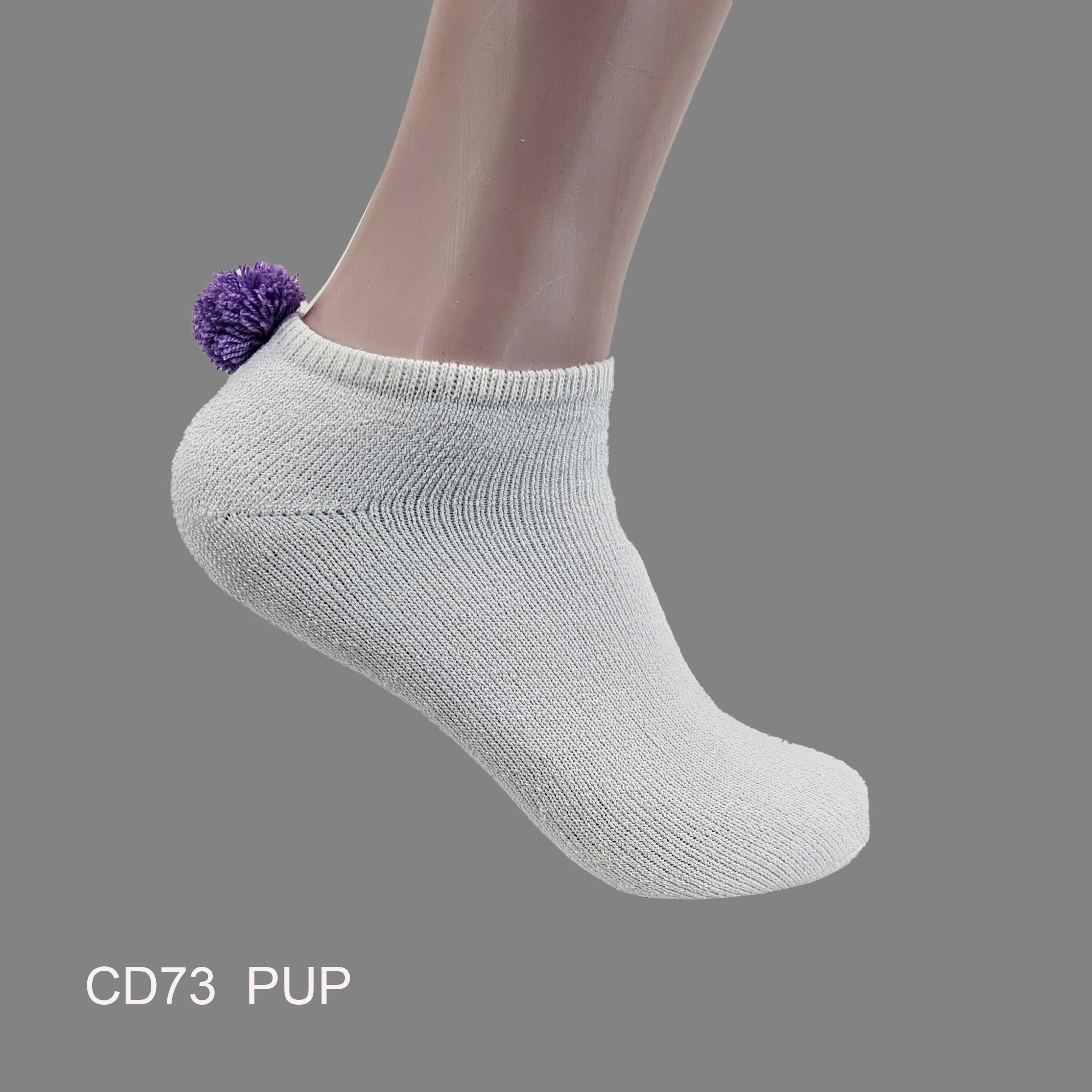 CD73PUP Pom-Pom Low Cut Socks for Woman, Cotton, White Solid Color , PURPLE Pom-Pom , (1 Dozen, 12 pieces) - Image 1